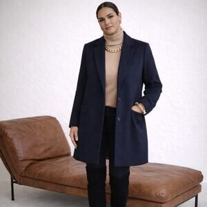 THEORY Bindra Wool Blend Overcoat Herringbone Navy Blue Sz S $530